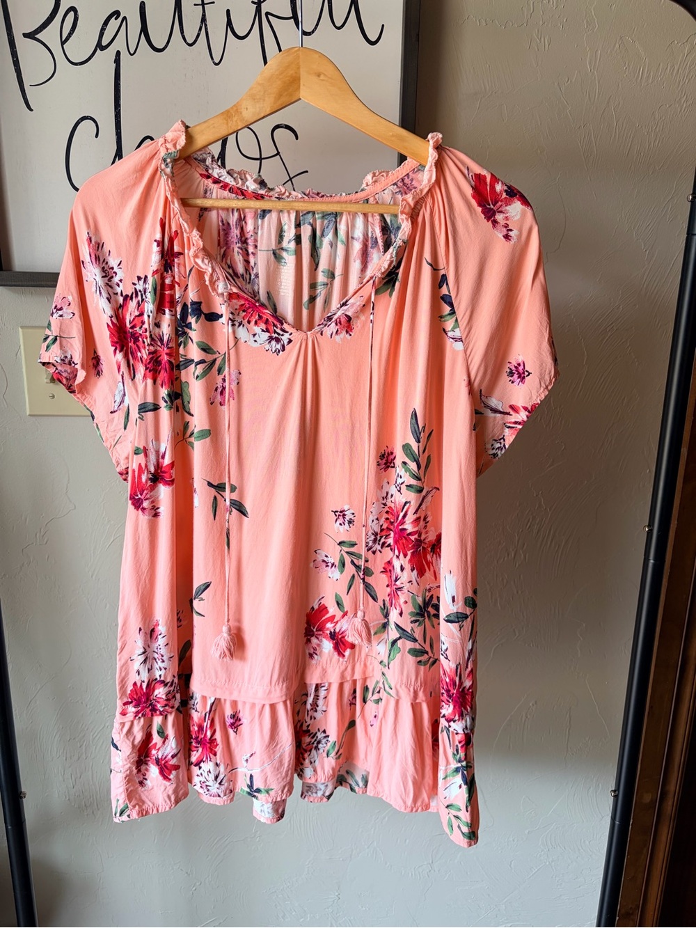 St. John's Bay Women's XL Pink Floral Round Neck Short Sleeve Peasant Blouseboho